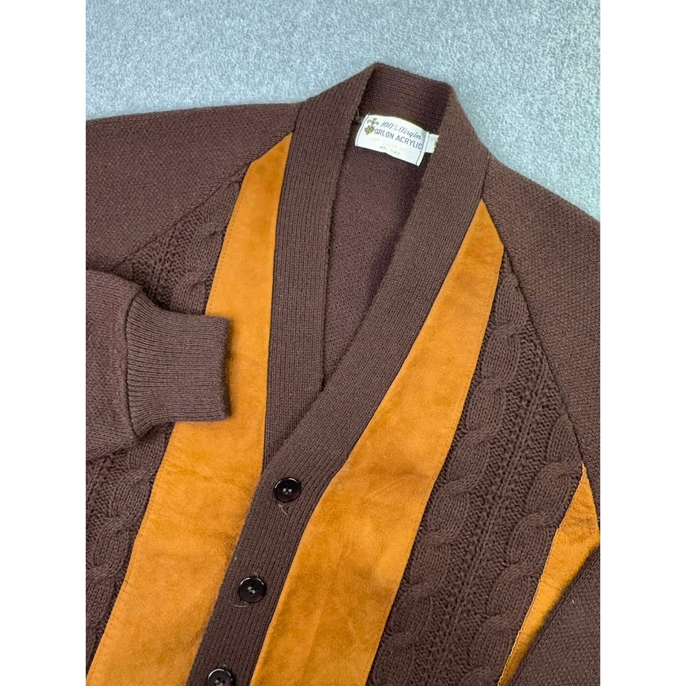 VTG 70s Suede Panel Cardigan Men's‎ M Orlon Acrylic Lined Cable Knit Kurt Cobain